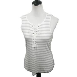White House Black Market Gray/White Stripe Cris Cross Knit Tank Top Size Small